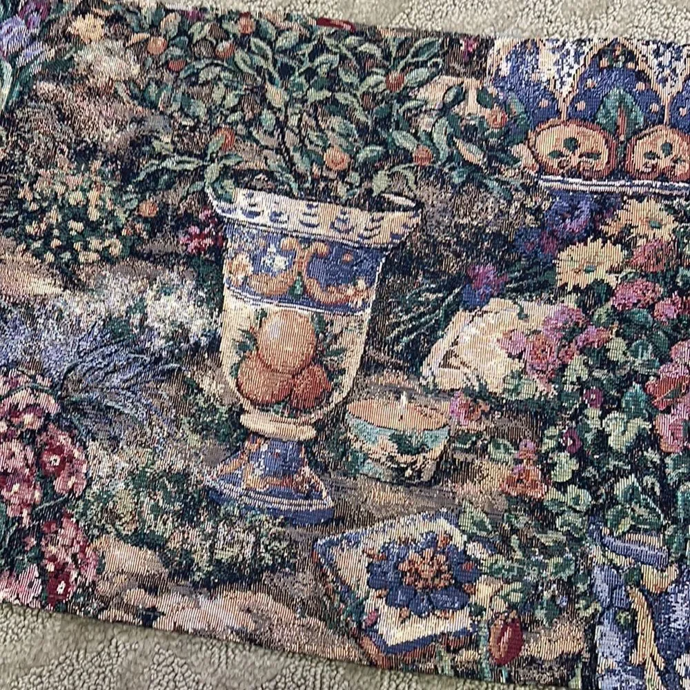 Floral Spring Table Runner Amaryllis Bulbs Hydrangeas Roses with Green Tassels